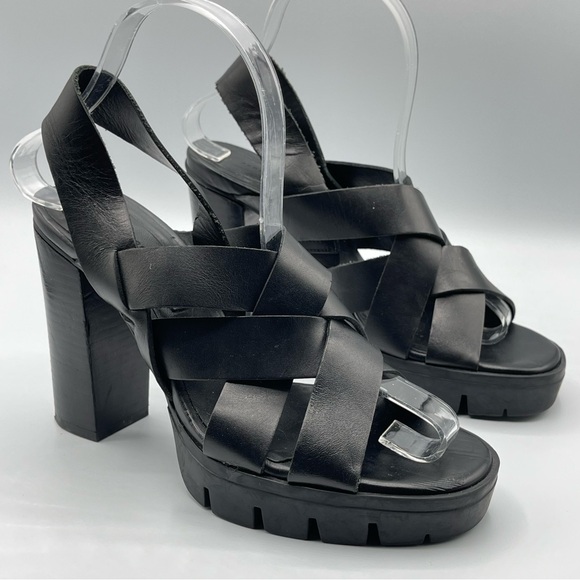 Zara Black Leather Chunky High Heel Sandals Size 6.5 - Picture 3 of 9